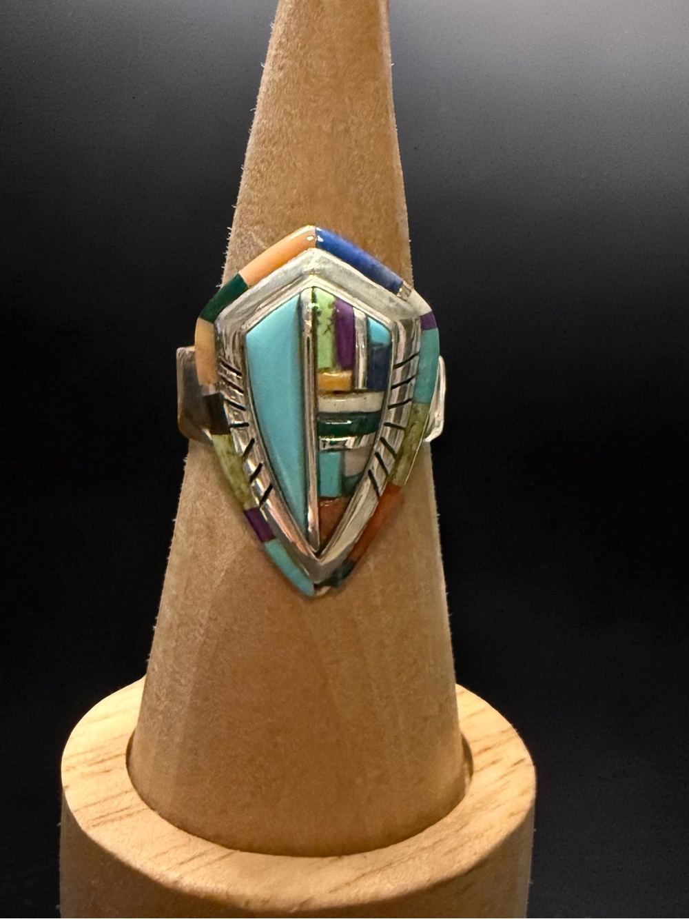 Multi-Color Inlay Shield Sterling Ring - Women’s Fashion Jewelry